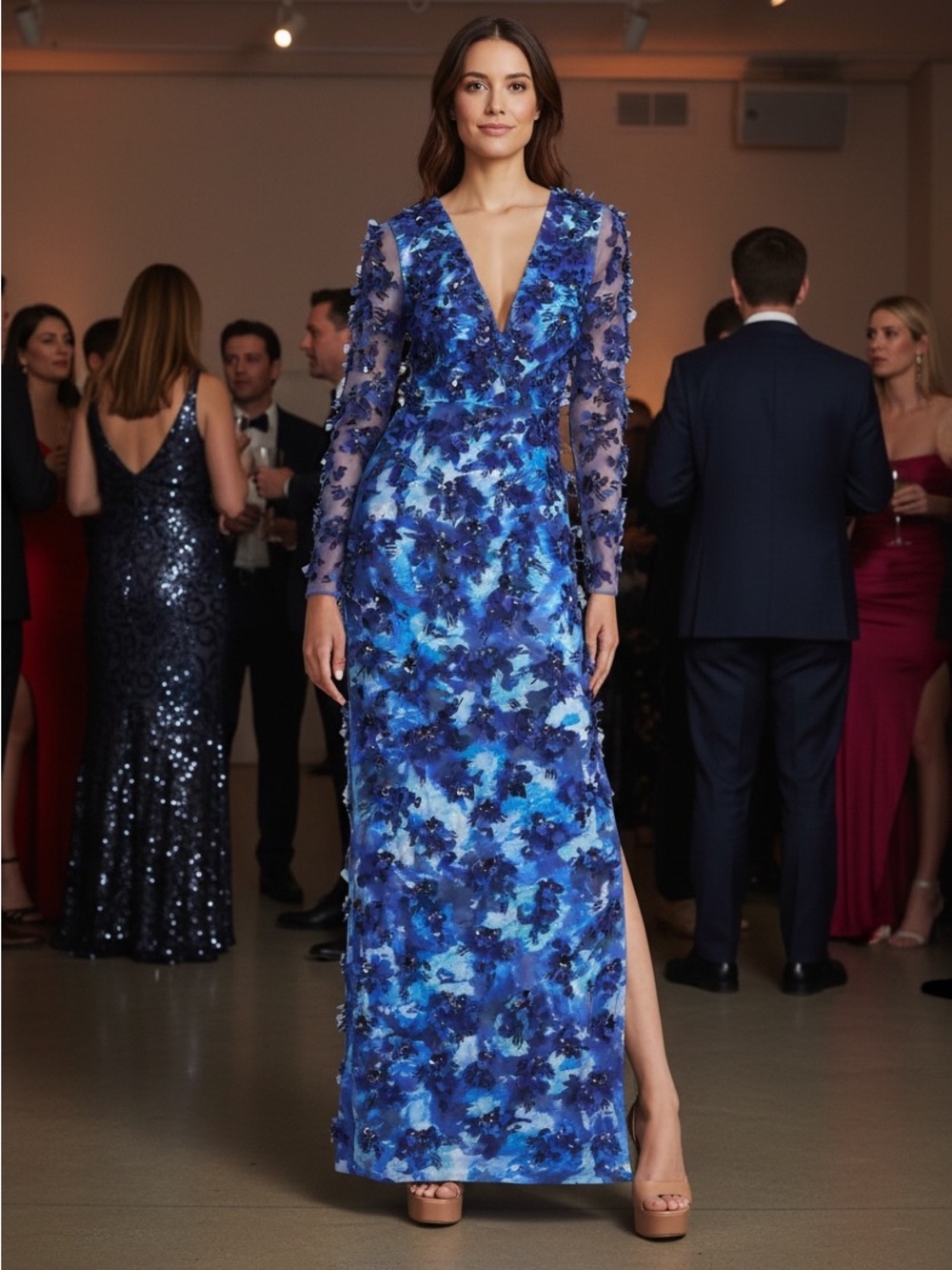 Theia Blue Floral Printed Gown, 3-D Flower Appliqués & Beading, Small 6 Sheer